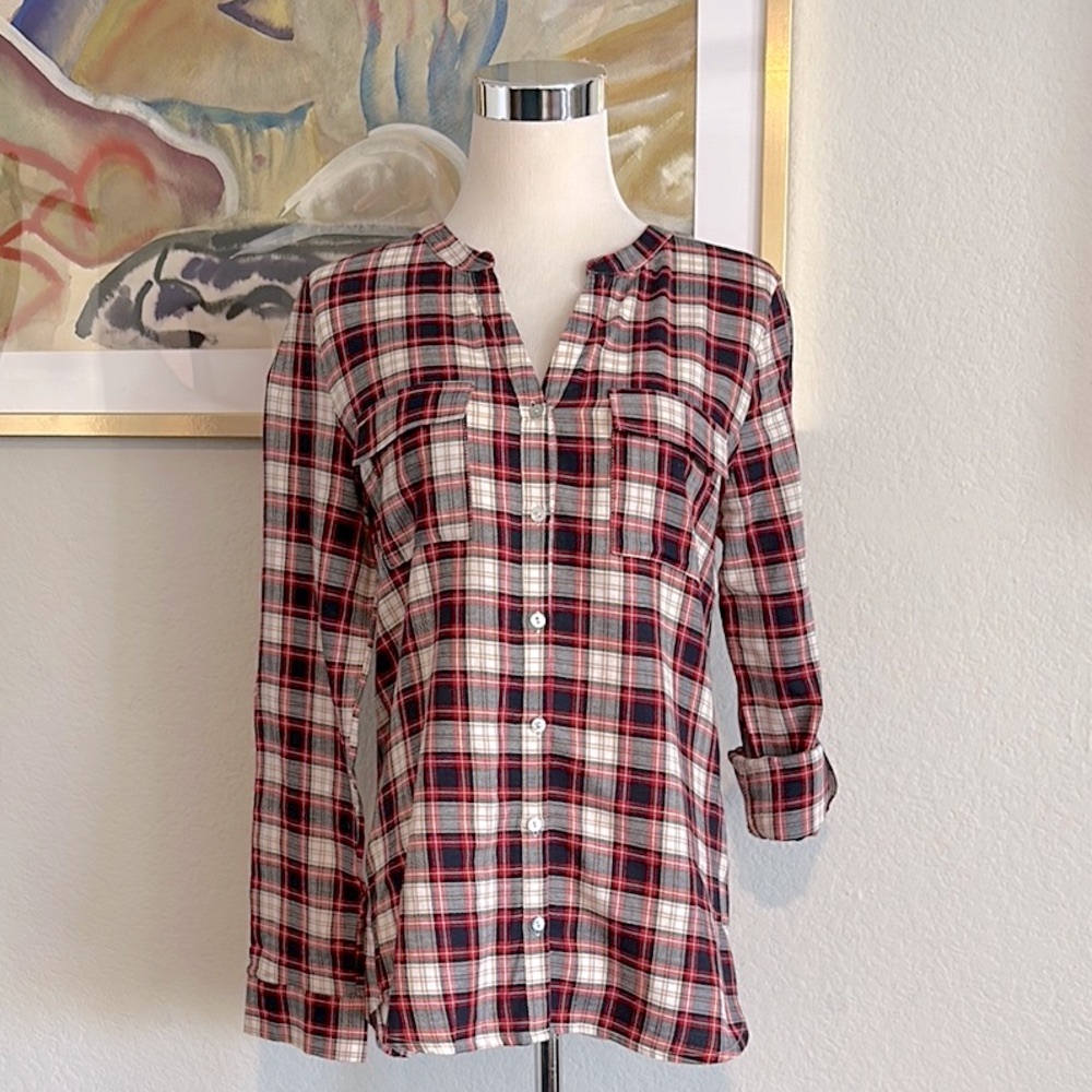 Summer plaid Olive & Oak Red White and black Relaxed button down blouse Anthro